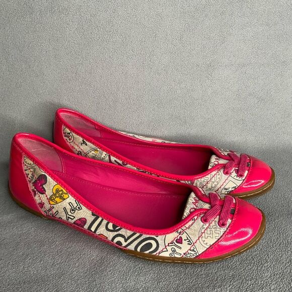 Coach Classic Poppy Pink Heart Logo Print Slip On Flats Shoes Women’s Size 9 Rug - Picture 1 of 9